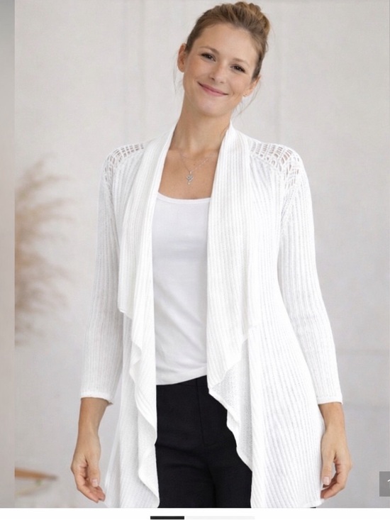 Sweaters - Venus White Open Knit Cardigan Size L Waterfall Drape Boho Lightweight Duster